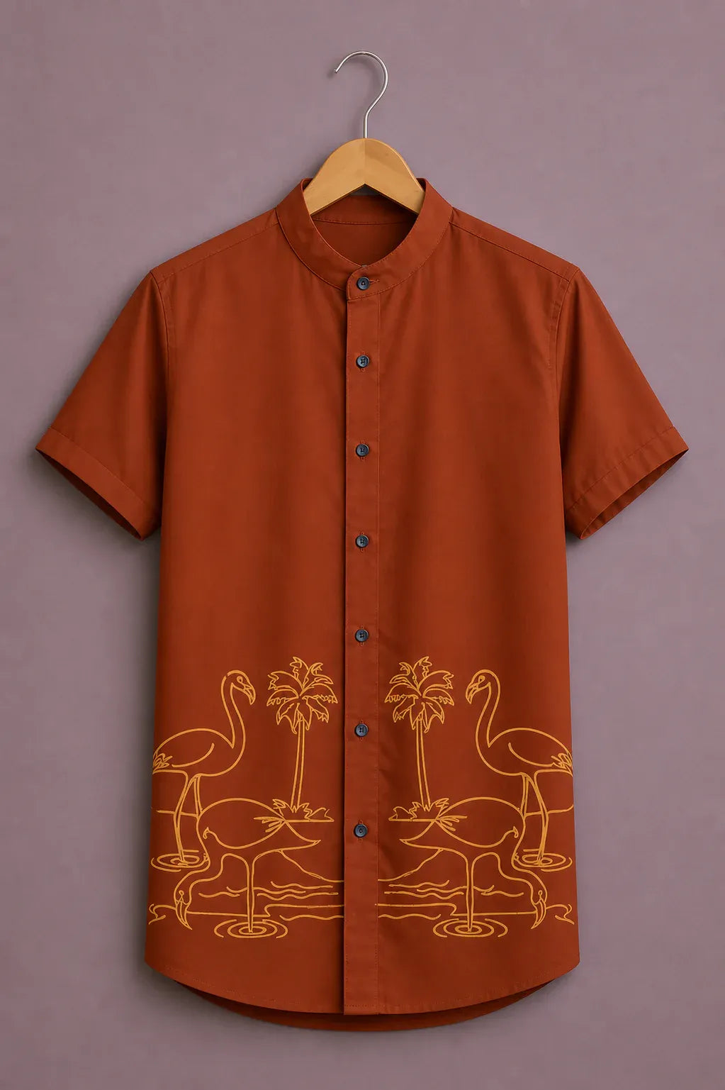 Fabulys™ Men's Tropical Flamingo Print Mandarin Collar Shirt