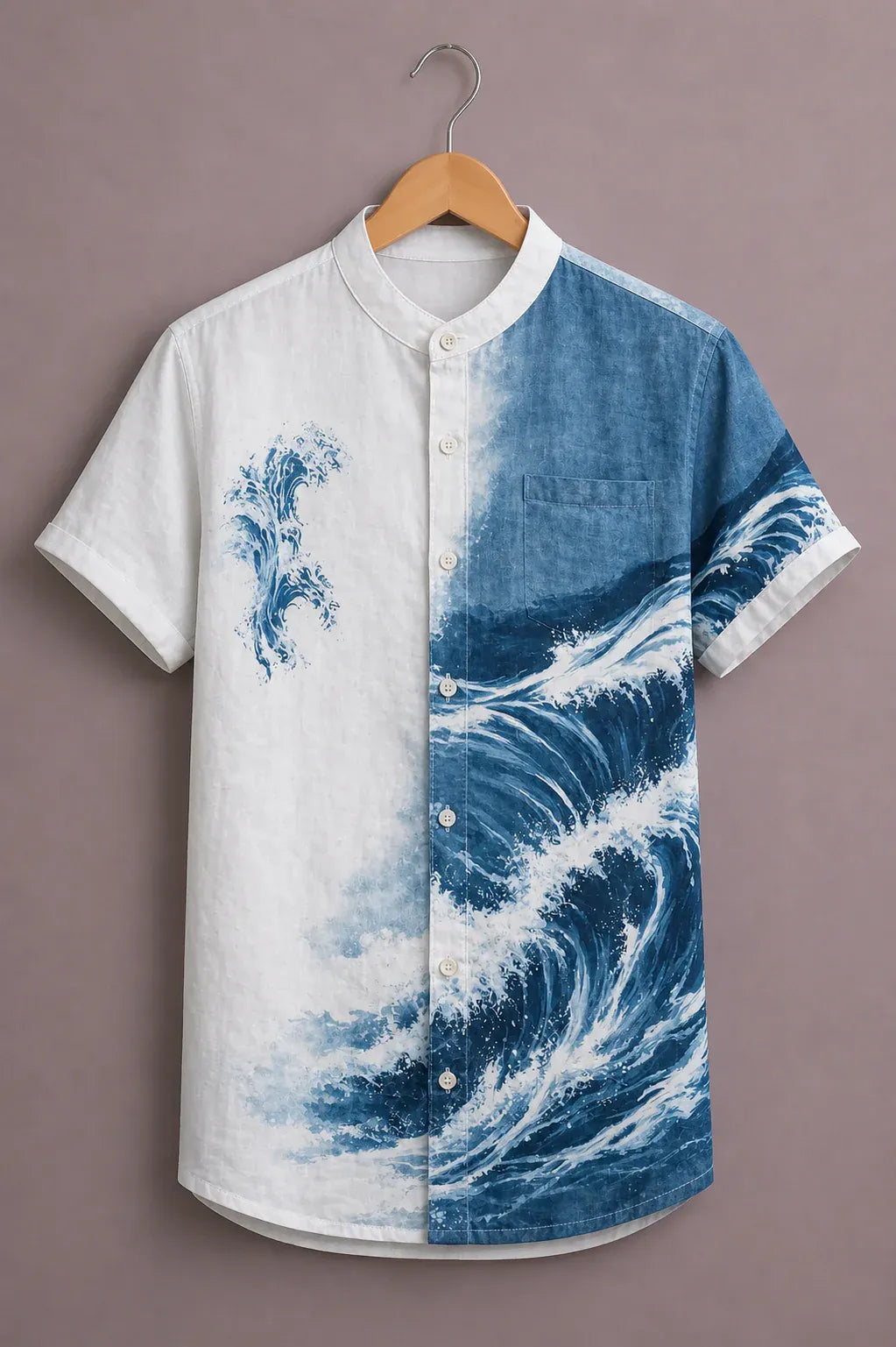 Fabulys™ Men's Ocean Wave Print Mandarin Collar Casual Shirt