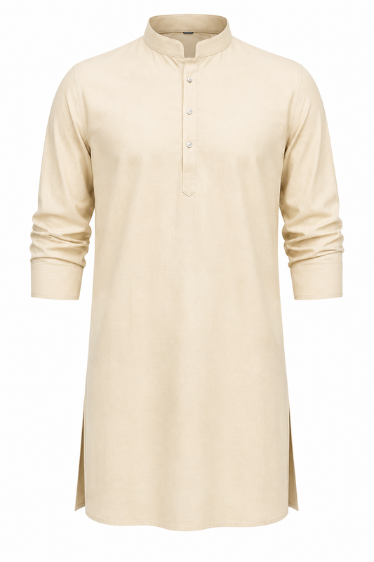 Premium Beige Kurta for Men | Mandarin Collar Long Sleeve Traditional Kurta | Elegant Ethnic & Festive Wear