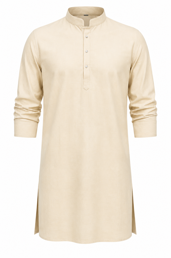 Premium Beige Kurta for Men | Mandarin Collar Long Sleeve Traditional Kurta | Elegant Ethnic & Festive Wear