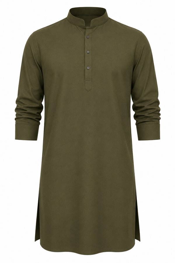 Premium Olive Green Kurta for Men | Mandarin Collar Long Sleeve Traditional Kurta | Classic Ethnic & Festive Wear