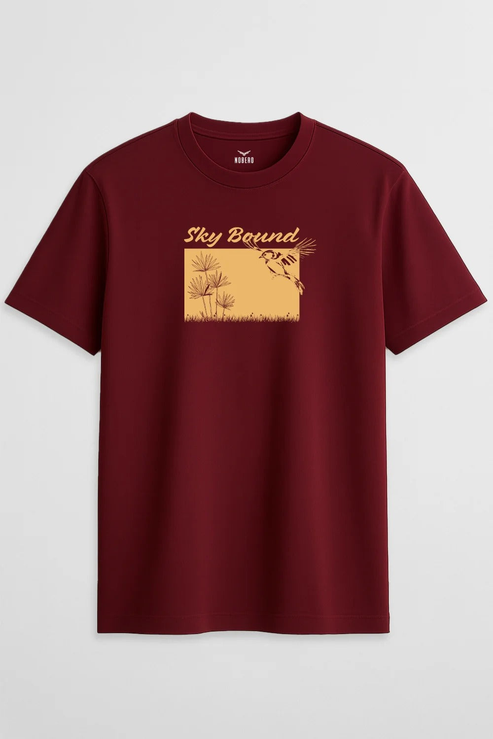 Sky Bound Graphic T-Shirt | Vintage Bird Nature Print Tee | Premium Maroon Unisex Crew Neck Casual T-Shirt