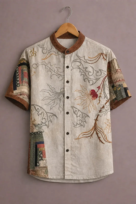 Fabulys™ Men's Vintage Floral Patchwork Mandarin Collar Shirt