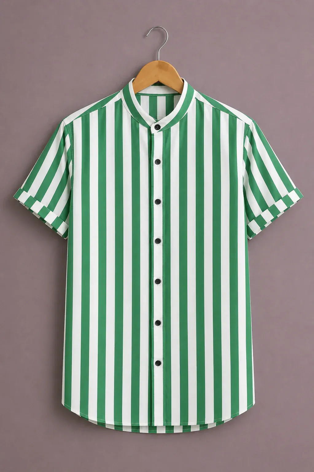 Fabulys™ Men's Green Vertical Stripe Mandarin Collar Casual Shirt