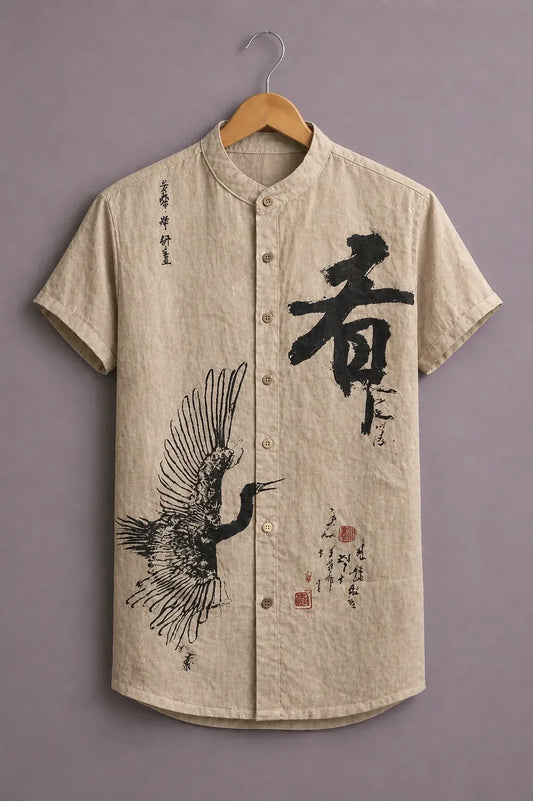Fabulys™ Men's Japanese Crane Art Print Mandarin Collar Shirt