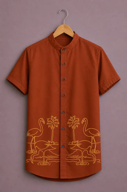 Fabulys™ Men's Tropical Flamingo Print Mandarin Collar Shirt