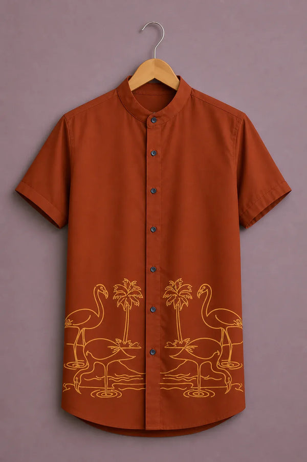 Fabulys™ Men's Tropical Flamingo Print Mandarin Collar Shirt