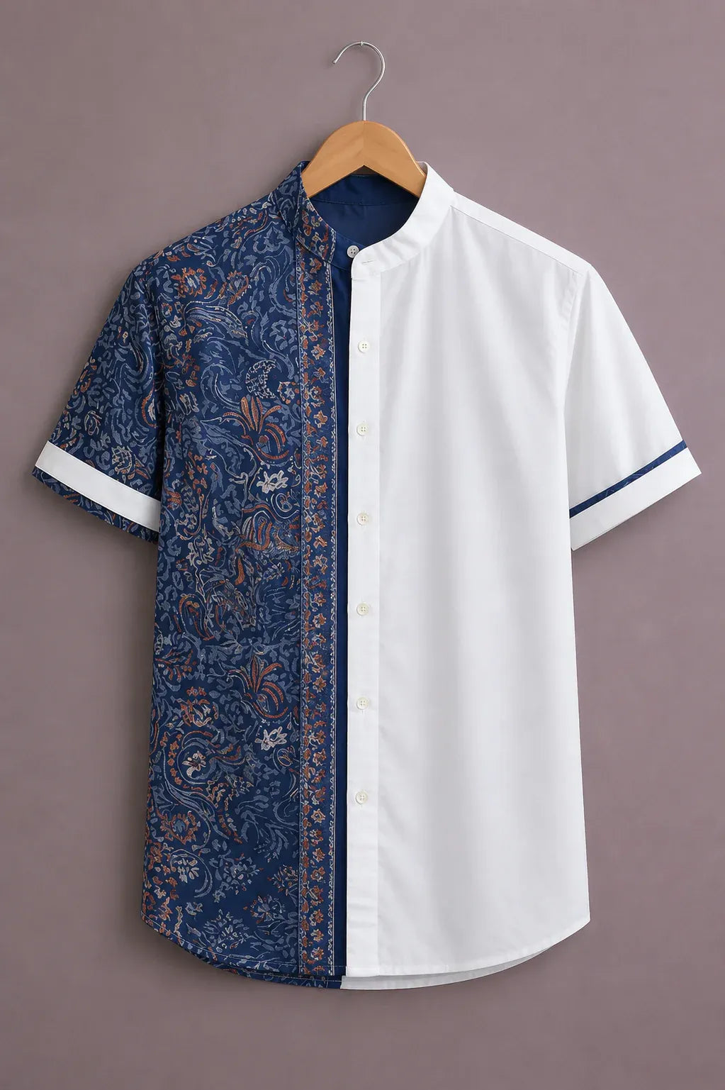 Fabulys™ Men's Half Printed Half Solid Mandarin Collar Casual Shirt