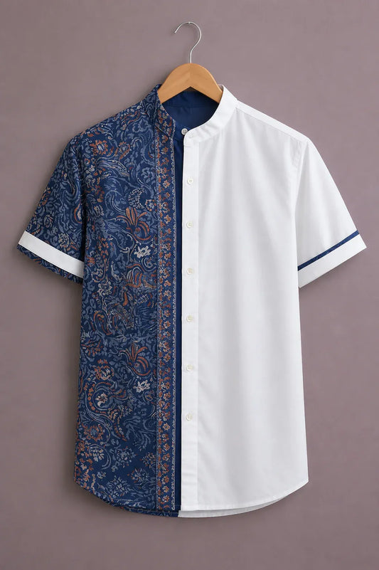 Fabulys™ Men's Half Printed Half Solid Mandarin Collar Casual Shirt
