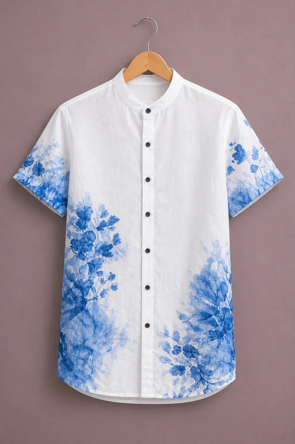Fabulys™ Men's Blue Floral Watercolor Print Mandarin Collar Shirt