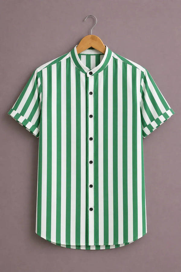 Fabulys™ Men's Green Vertical Stripe Mandarin Collar Casual Shirt