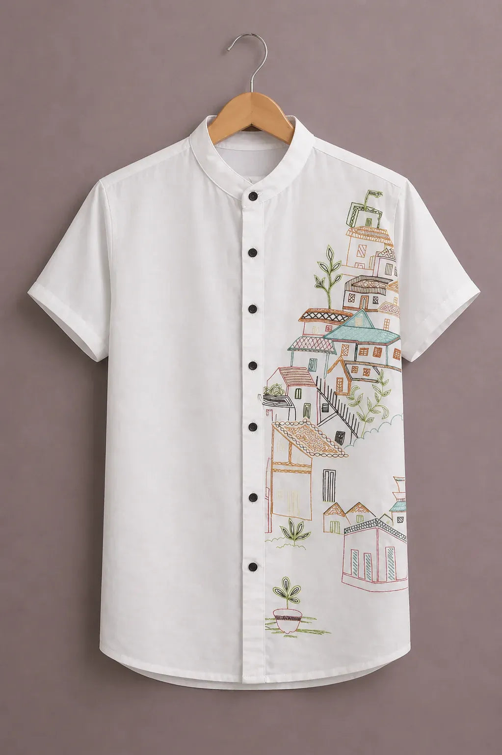 Fabulys™ Men's Village Sketch Print Mandarin Collar Casual Shirt