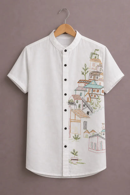 Fabulys™ Men's Village Sketch Print Mandarin Collar Casual Shirt