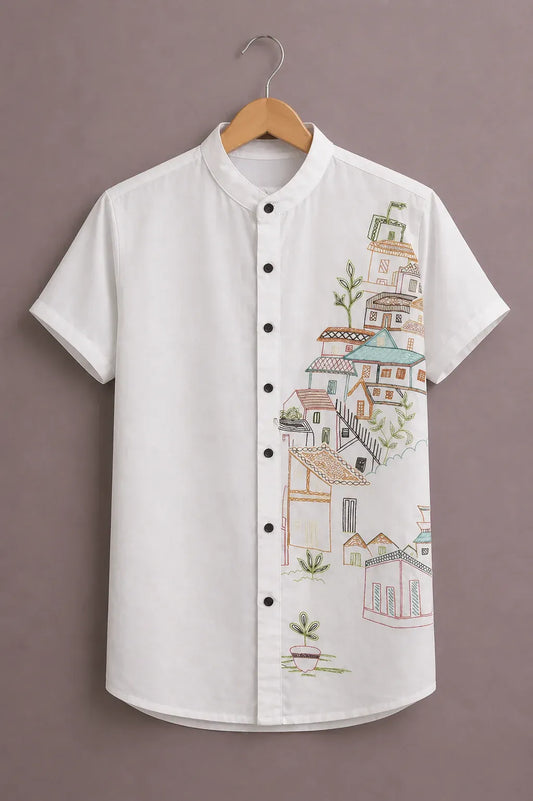 Fabulys™ Men's Village Sketch Print Mandarin Collar Casual Shirt